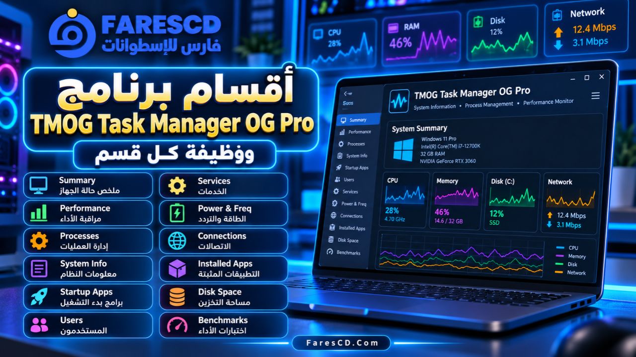 أقسام برنامج TMOG Task Manager OG Pro ووظيفة كل قسم