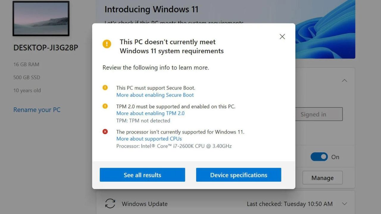 تثبيت Windows 11 على جهاز غير مدعوم، مع عنصر بصري يشير إلى التوافق والتحذير.