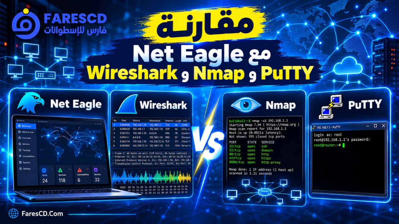مقارنة Net Eagle مع Wireshark وNmap وPuTTY
